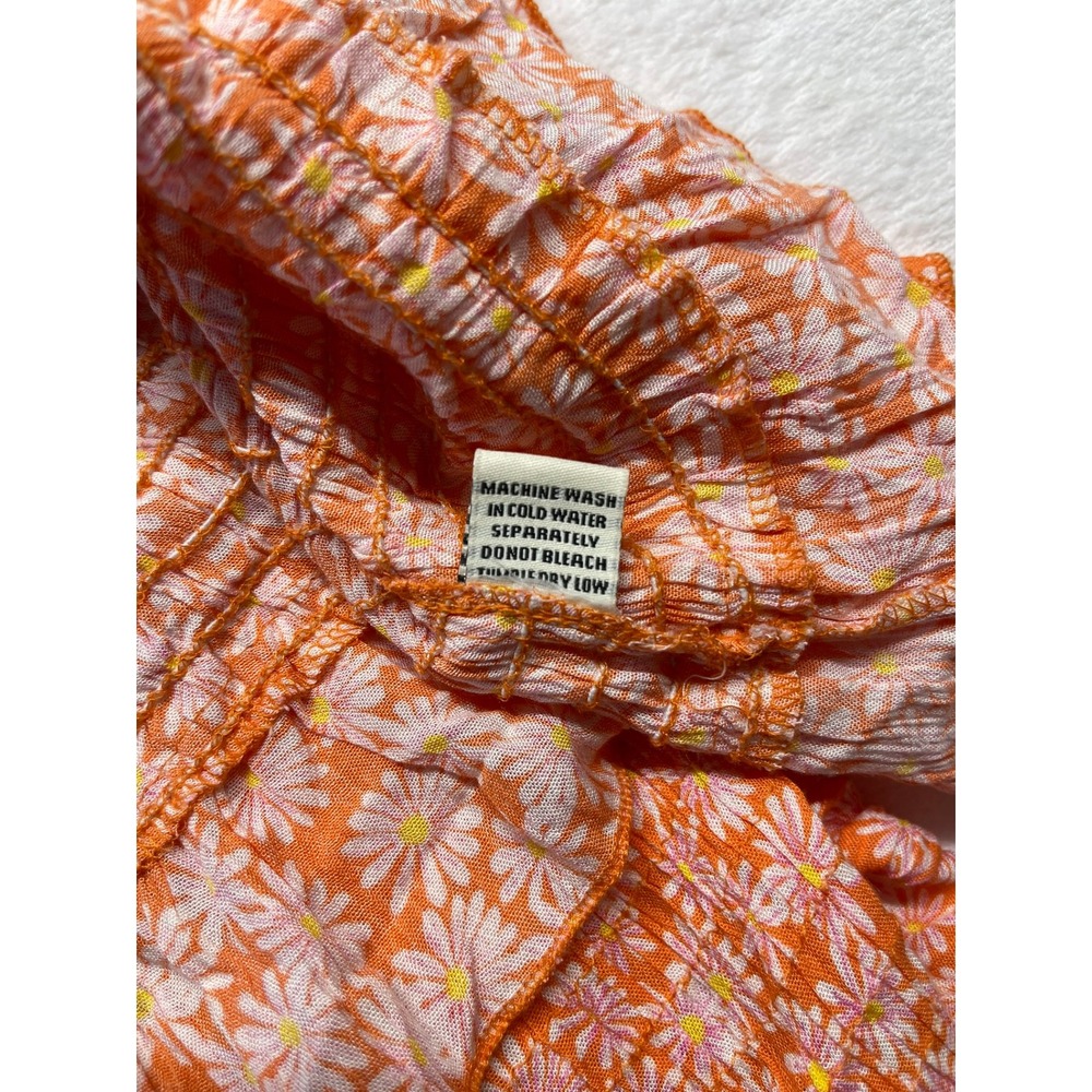 Sim & Sam Womens Small Dress Orange Daisy Floral Smocked Puff Sleeve Mini - Picture 11 of 11